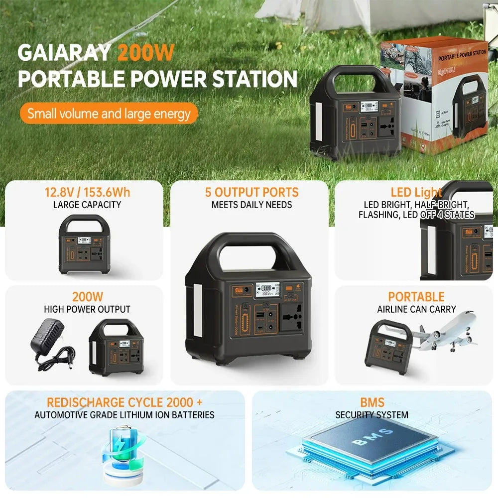200W Portable Power Station 153.6Wh LiFePO4 Battery AC 110V/220V Solar Generator for Power Bank Camping RV Emergency