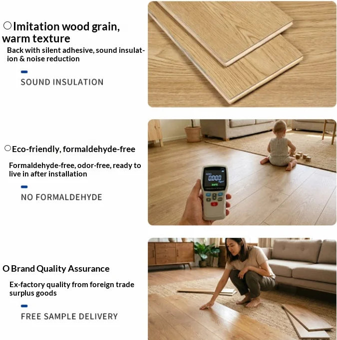 Woodgrain SPC click flooring planks showing textured surface and backing