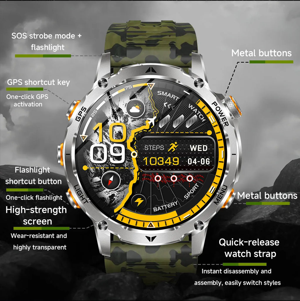 GPS Outdoor Military Smart Watch Men 1100mAh Large Battery Flashlight+SOS COMPASS Bluetooth Call 10ATM Waterproof Sports Watches