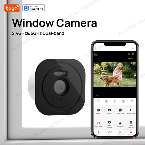Indoor window camera, black round device with front lens mounted on window frame