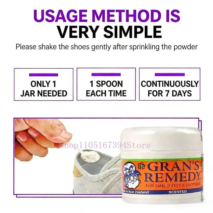 Gran's Remedy foot powder jar with instructions on how to sprinkle white odor-eliminating powder into a shoe.