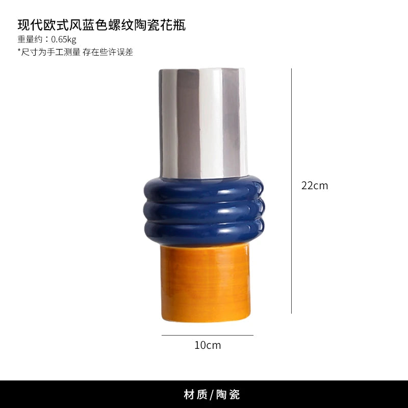 Blue-and-orange pot-shaped ceramic vase with silver neck, front view