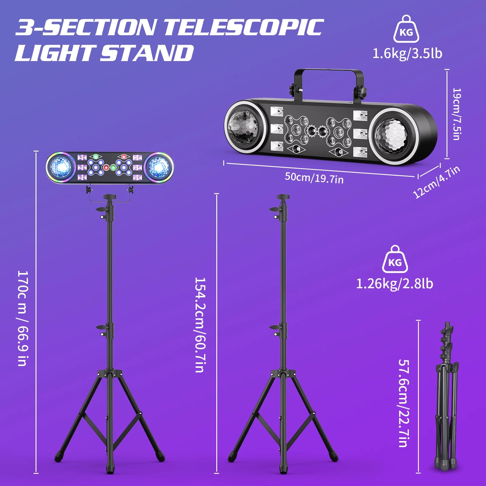 2PCS Bracket Effect Lights 7in1 RGBW LED Light Stand Kit W/Bag Magic Ball Beam Effect Light Remote Control DJ Disco Party Lights