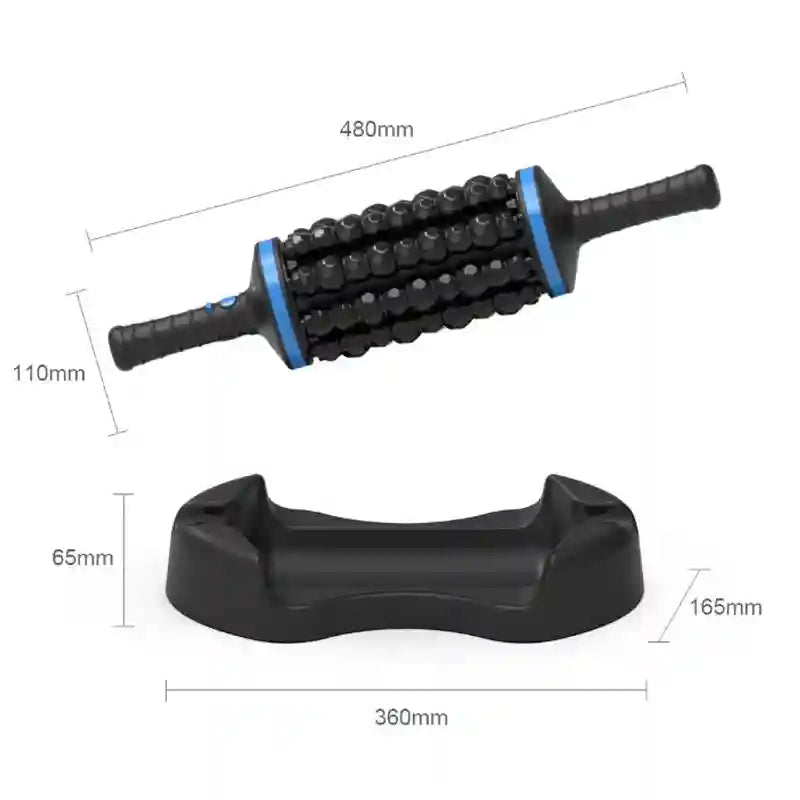 Black handheld massage roller with textured knobs, blue accents, and a black base for muscle recovery and trigger
