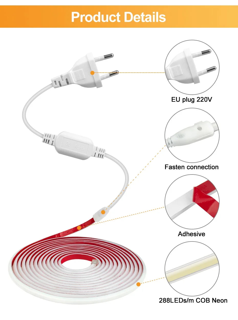 Super Bright 220V COB LED Strip Light EU/AU Power Plug Adhesive Tape Flexible Ribbon Waterproof For Outdoor Lighting Decoration