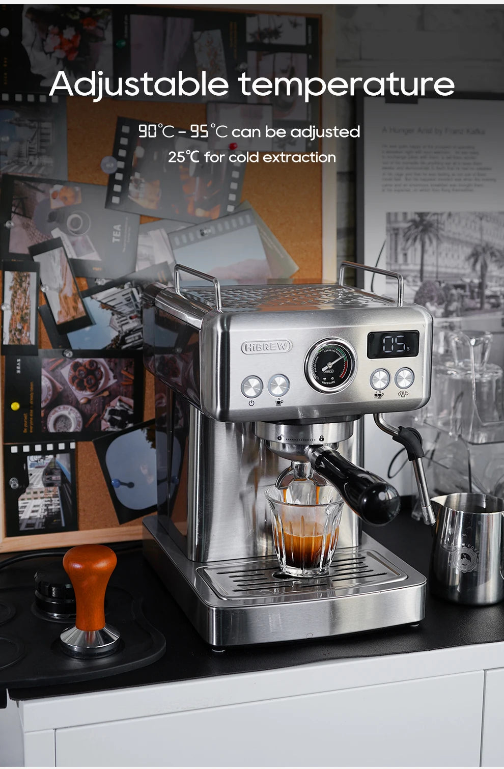 HiBREW stainless steel espresso machine with digital temperature display, pressure gauge, and steam wand.