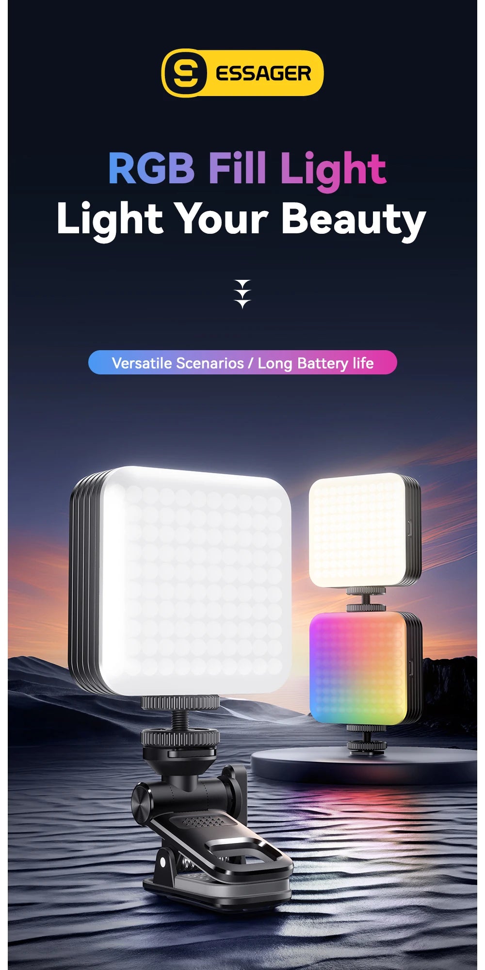 Square RGB LED fill light with a black adjustable mounting clip for photography and video lighting.