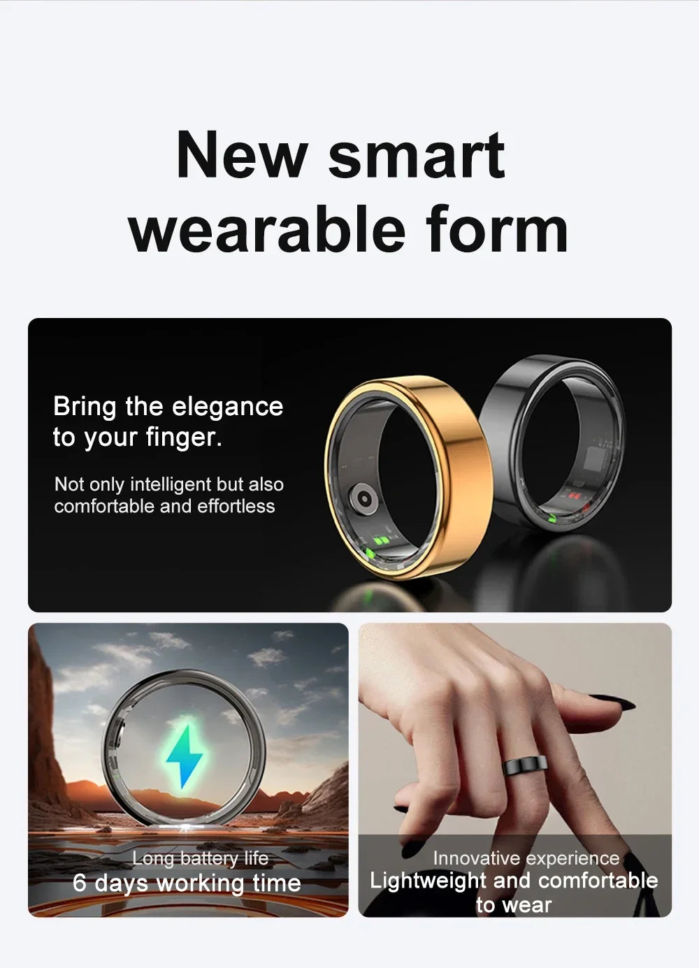 New Health Tracker Smart Ring, Heart Rate Blood Oxygen Monitoring Multi-sport Modes IP68 Waterproof for Men Women Sleep Fitness
