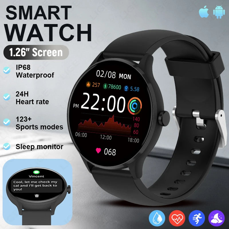 LIGE 1.26" HD Smart Watch 24/7 Health Monitoring Bluetooth Call 123+ Sports Modes IP68 Waterproof Sleep Tracker for Android iOS