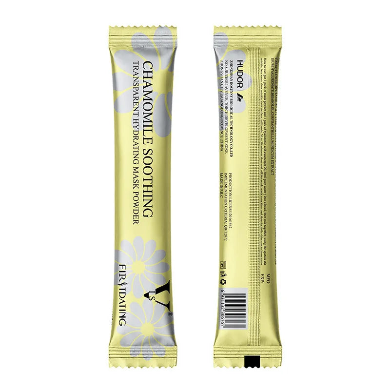 Two yellow, vertical sachets of Chamomile Soothing hydrating mask powder, shown from front and back views.