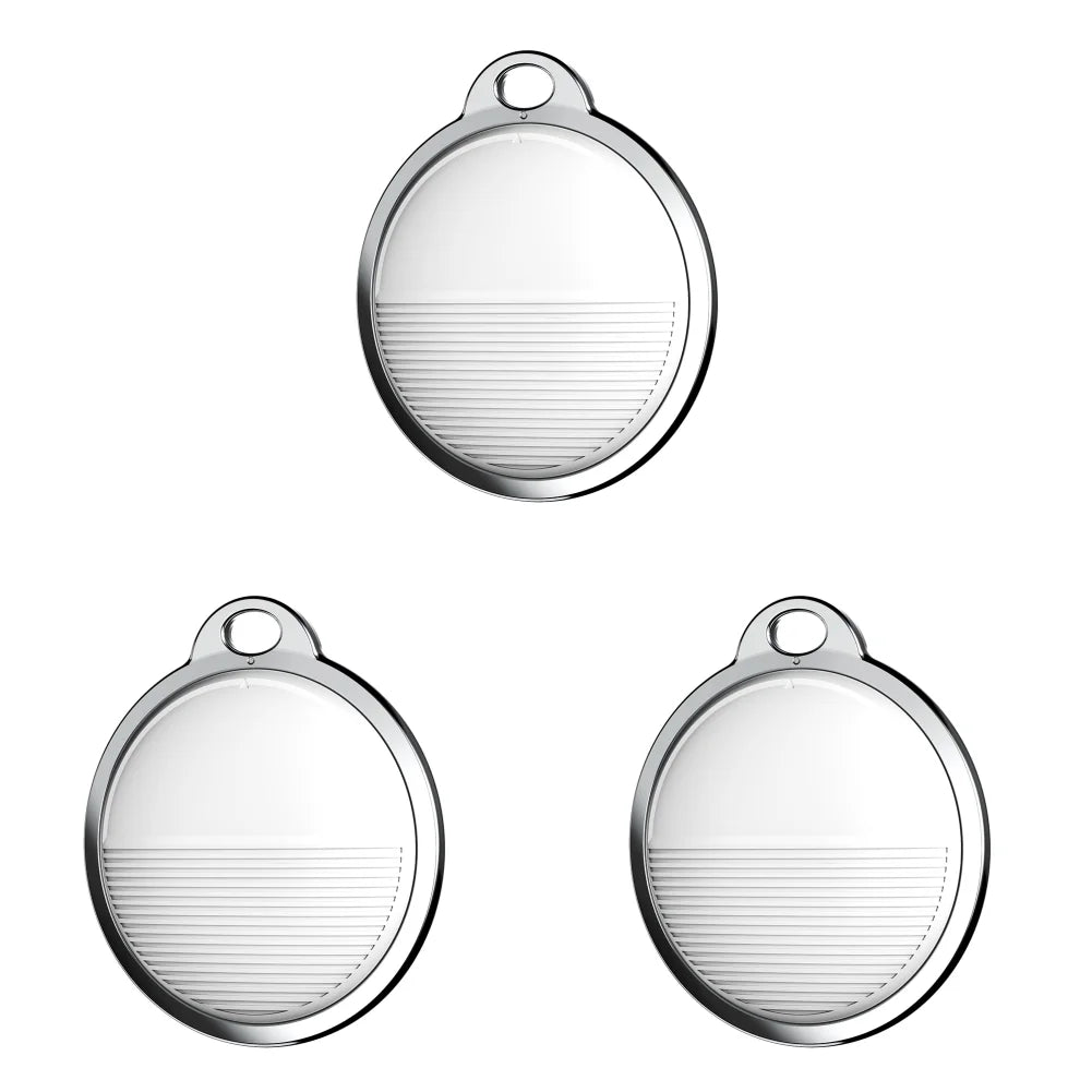 Three silver mini smart Bluetooth GPS trackers for pets, compatible with Apple Find My to keep your dog or cat safe.