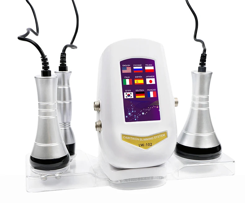 White 40k cavitation slimming machine with three silver handheld wands, a touchscreen display, and a clear base.