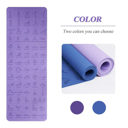 TPE Yoga Mat 183cm anti-skid smart yoga mat with alignment poses in purple and blue, top-down and rolled view.