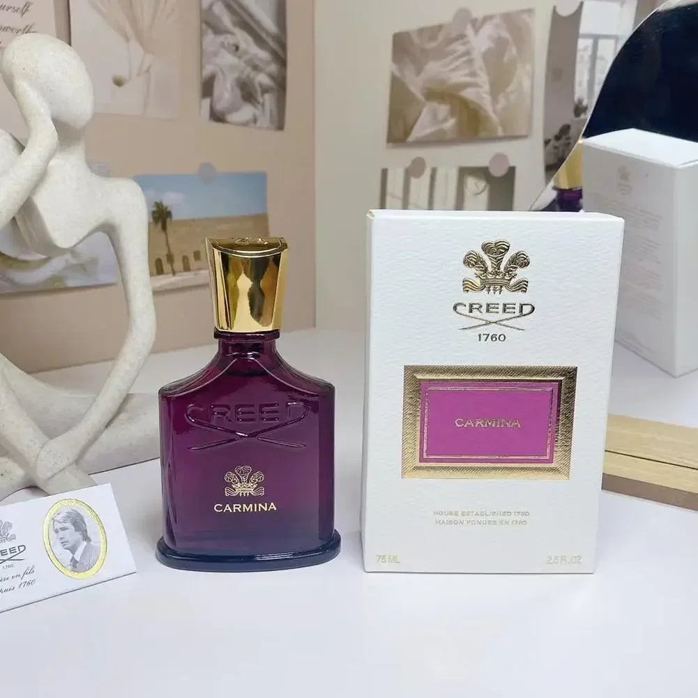 Creed Carmina EDP: Elegant deep purple glass bottle with gold cap, luxury floral fragrance for women, 75ml spray.