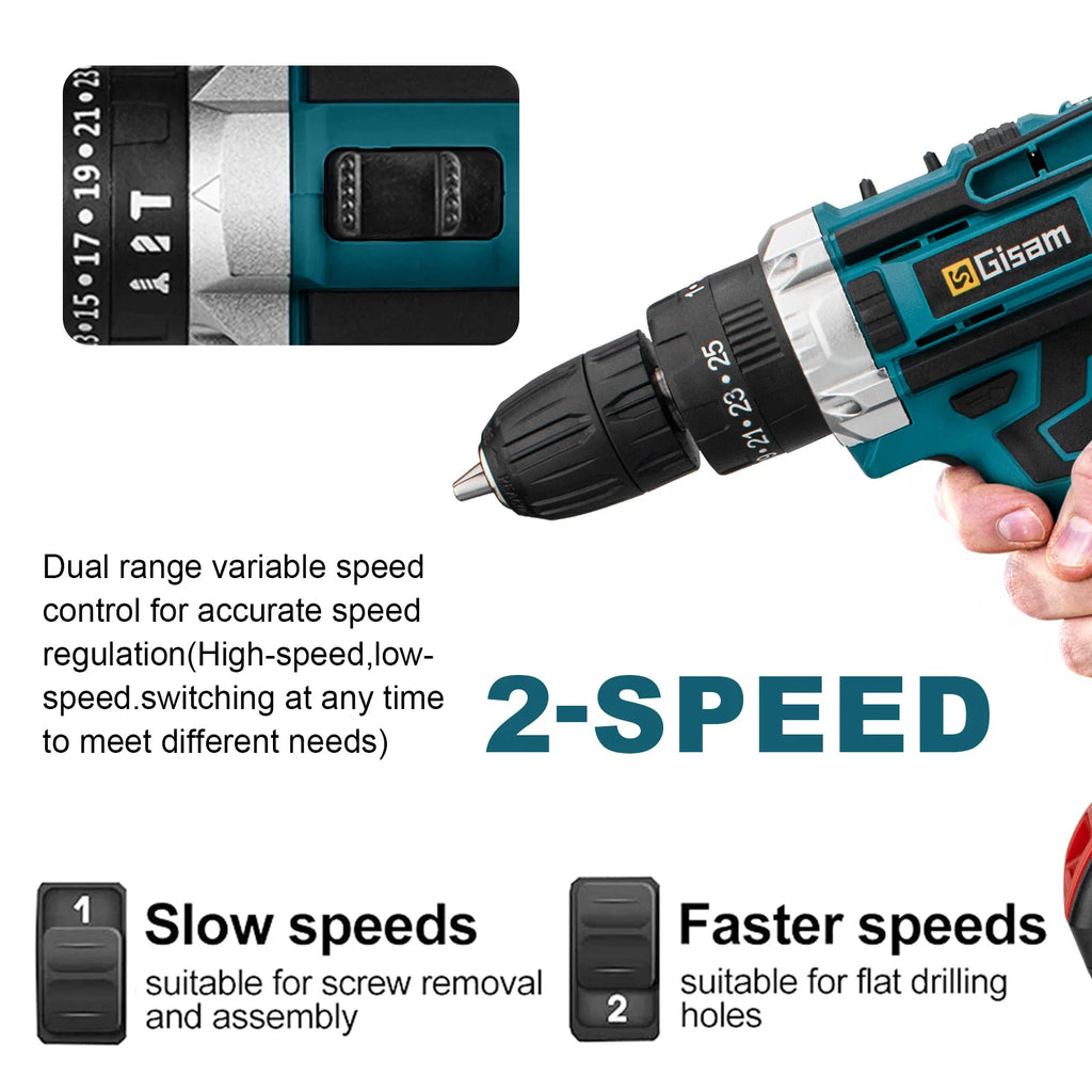 Gisam Battery Impact Screwdriver Multifunctional Cordless Drill Power Tool 25+3 Torque Setting 2 Gear Speed Electric Screwdriver