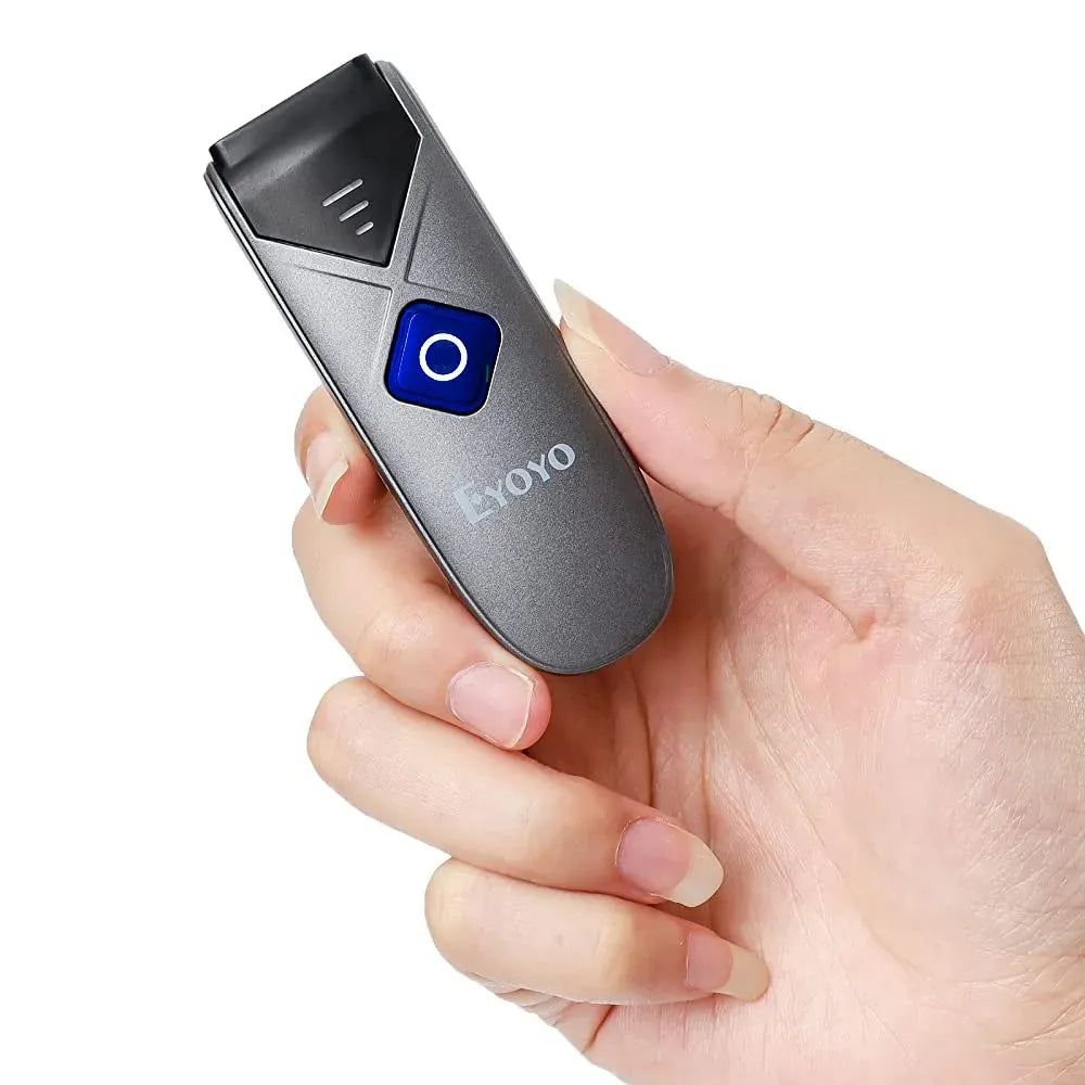 Blue-accent handheld barcode scanner with scan button, held in a person’s hand