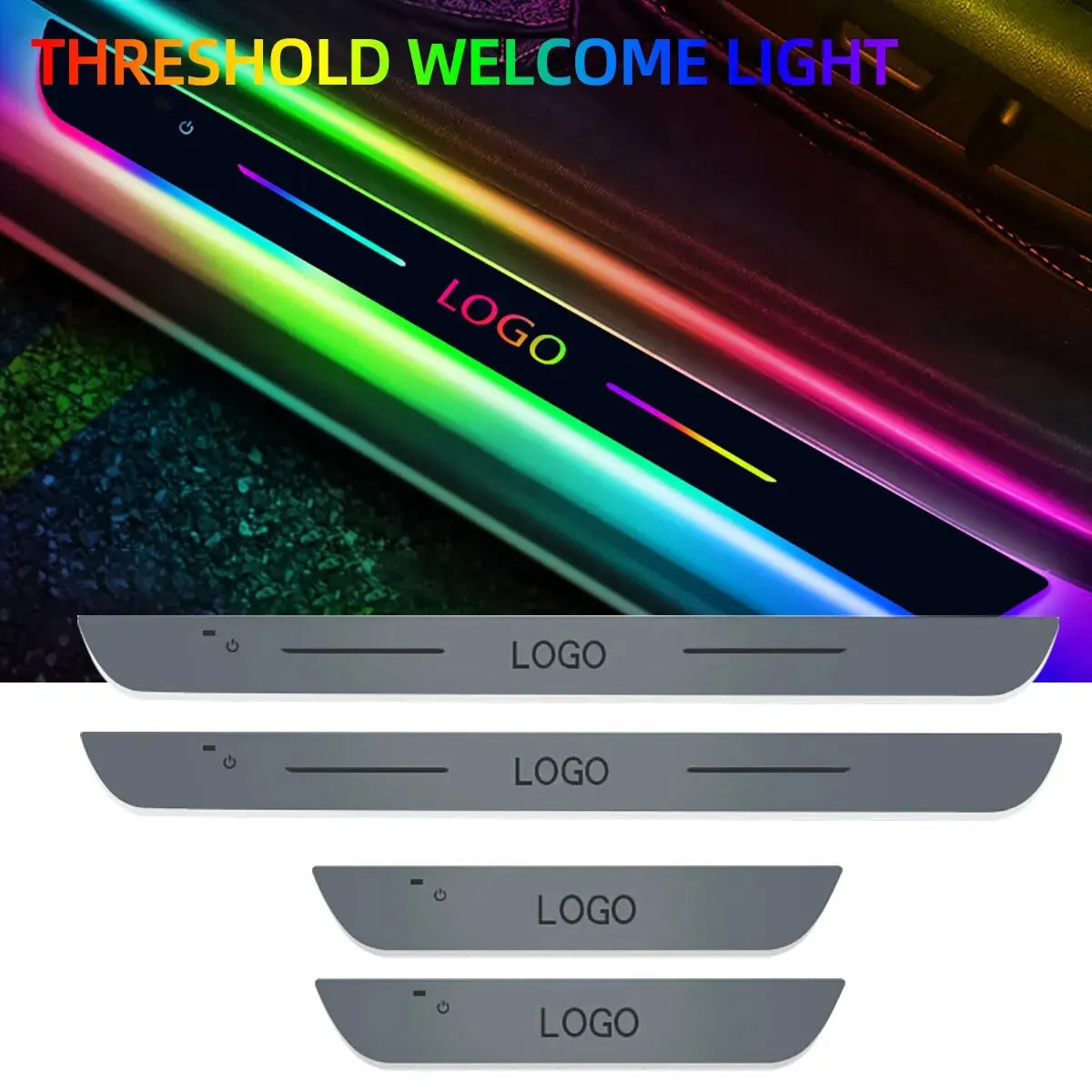 Four long, rectangular LED car door threshold welcome lights with multicolored lighting and a centered logo space.