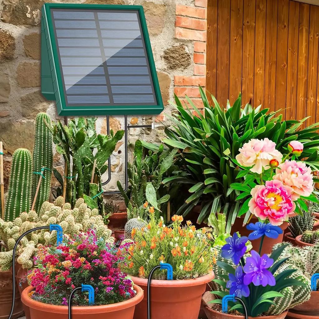 Solar drip irrigation kit with green solar panel and blue hose for balcony flower planters