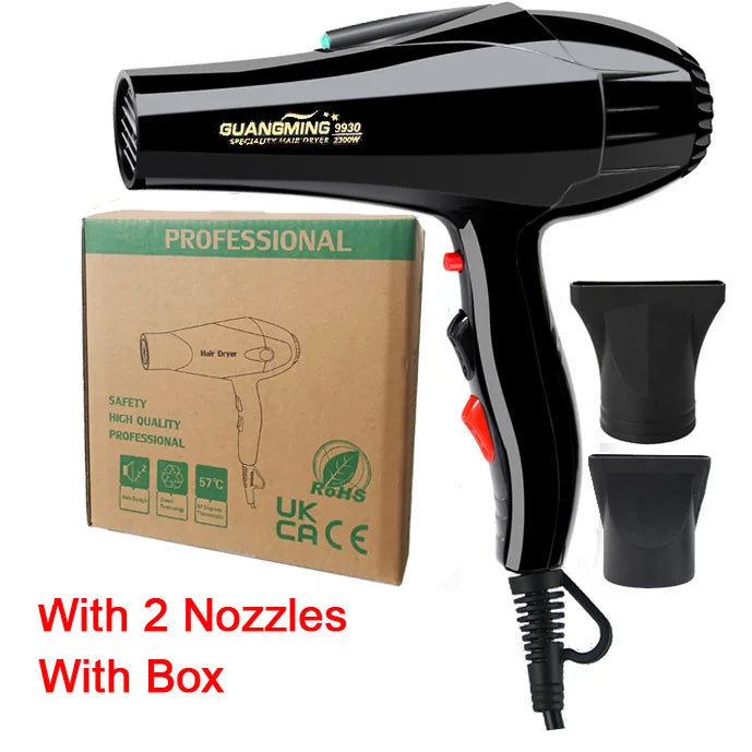 Black 2100W professional hair dryer with 2 concentrator nozzles, long cord, and retail box for salon styling.