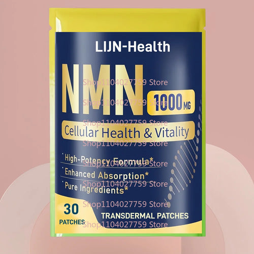 LIJN-Health NMN 1000mg anti-aging transdermal patches in a yellow and blue resealable pouch.