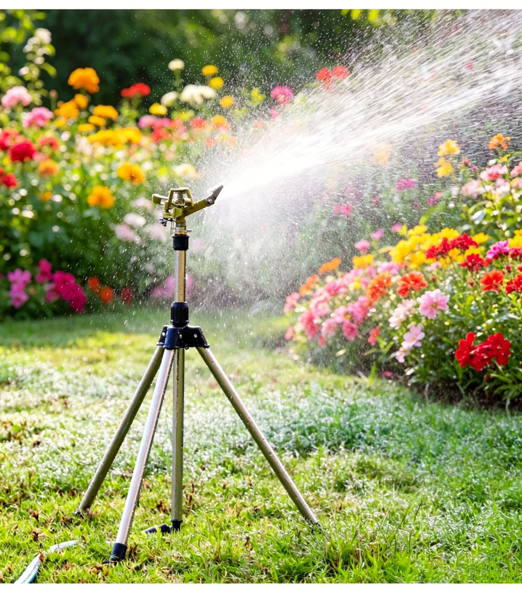 Dark blue and yellow tripod rotating sprinkler spraying over a flower garden