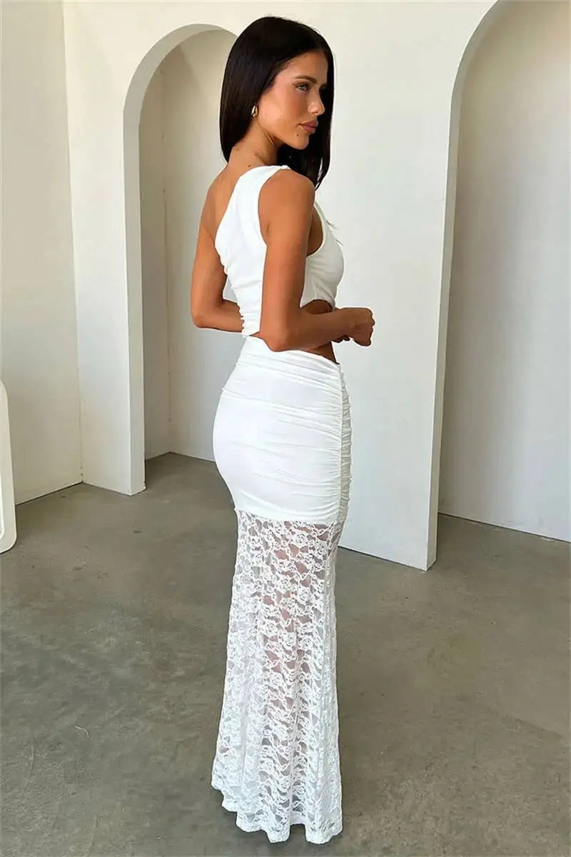 Mozision One Shoulder Cut Out Sexy Maxi Dress Women Elegant Diagonal Collar Sleeveless Lace Hem Bodycon Club Party Long Dresses