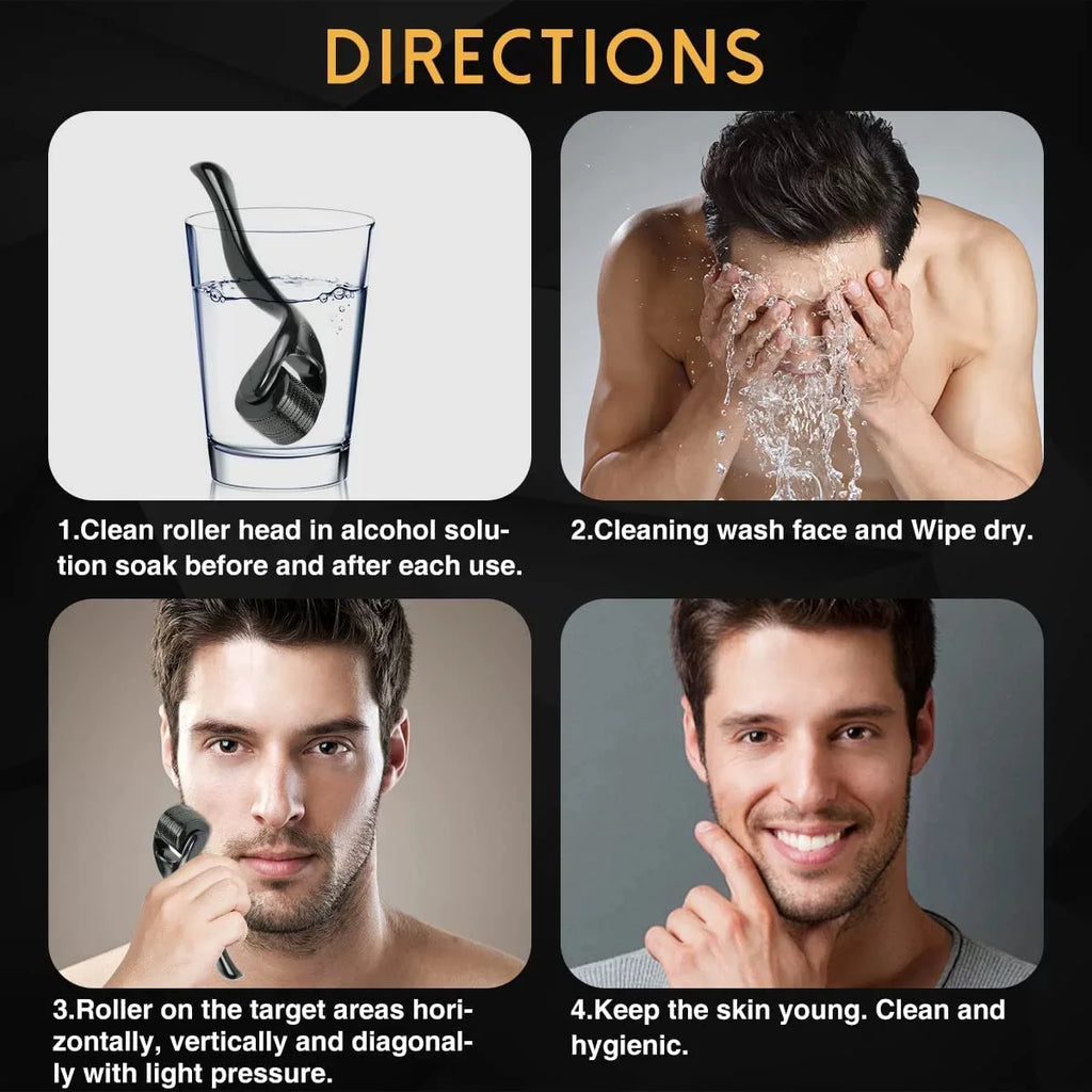 Instructional infographic showing steps to use a black 540-needle derma roller for beard and skin care.