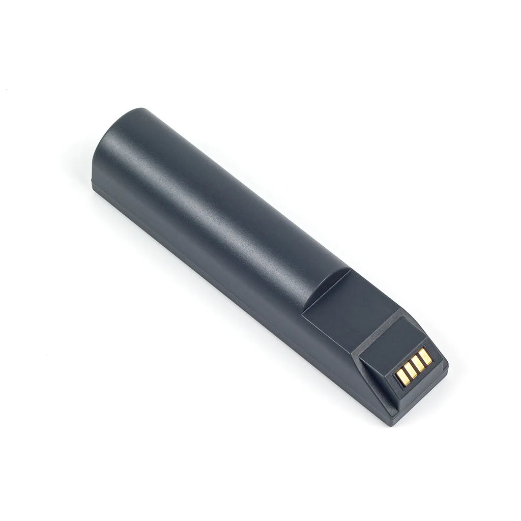 Black barcode scanner battery with gold contact pins on the end
