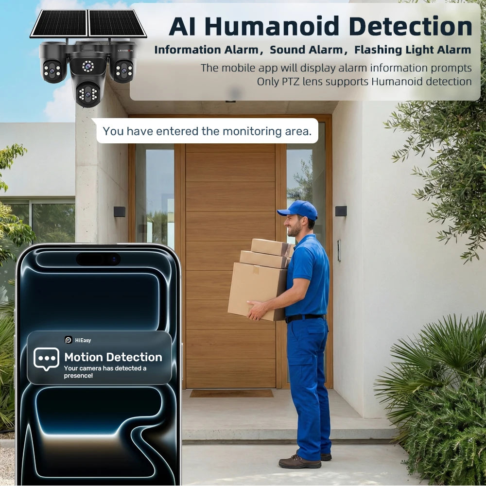 LS VISION 4-Screen 12X Optical Zoom Solar Outdoor Surveillance Camera 4G SIM AOV 24/7 Video Recording Cam Ai Auto Zoom Tracking