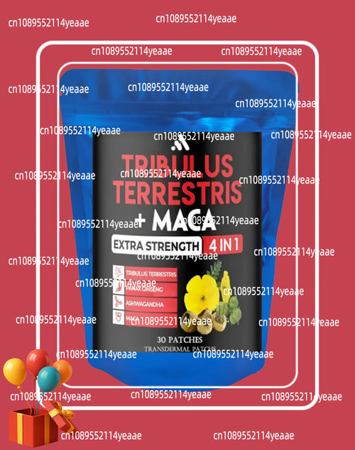 Blue pouch of 30 Tribulus, Maca, and Ashwagandha adaptogen stress relief patches.