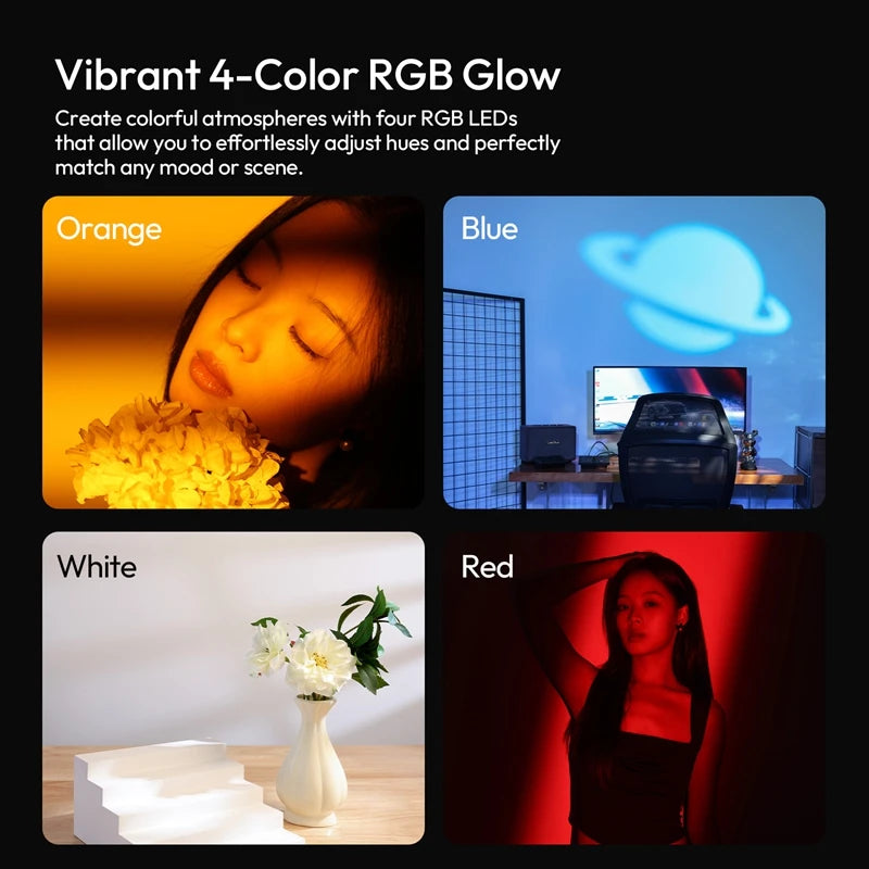 RGB LED mood light projecting orange, blue, white, and red light for colorful interior ambient lighting.
