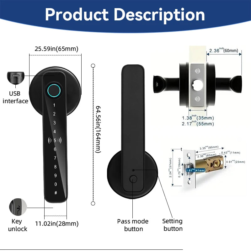 XSDTS Smart Door Lock Electronic Biometric Fingerprint Smart Card Password Key Unlock USB Tuya APP Emergency Charge lock