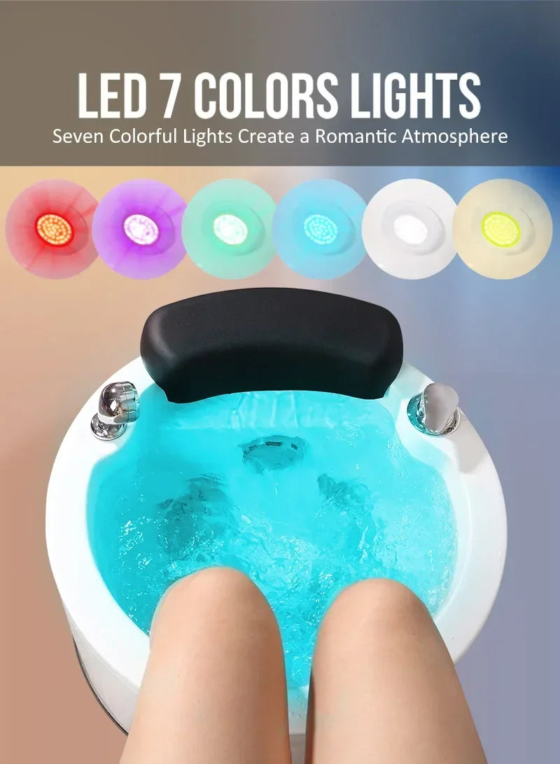 Hydro-massage foot spa with blue water and black headrest, seven color LED lights