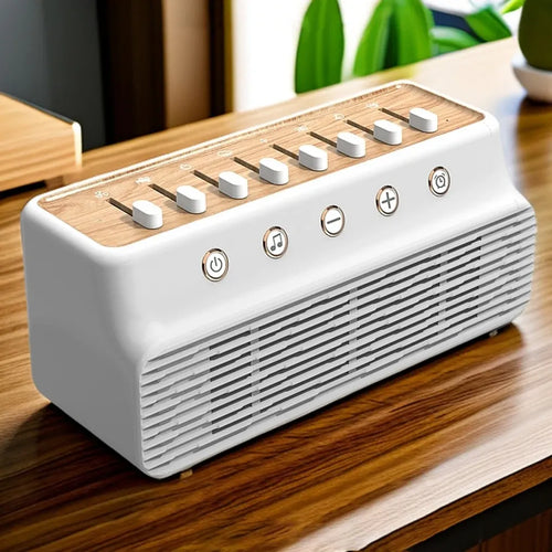 White noise sleep aid machine in white/wood grain with slider controls and front power/volume buttons on wood table.