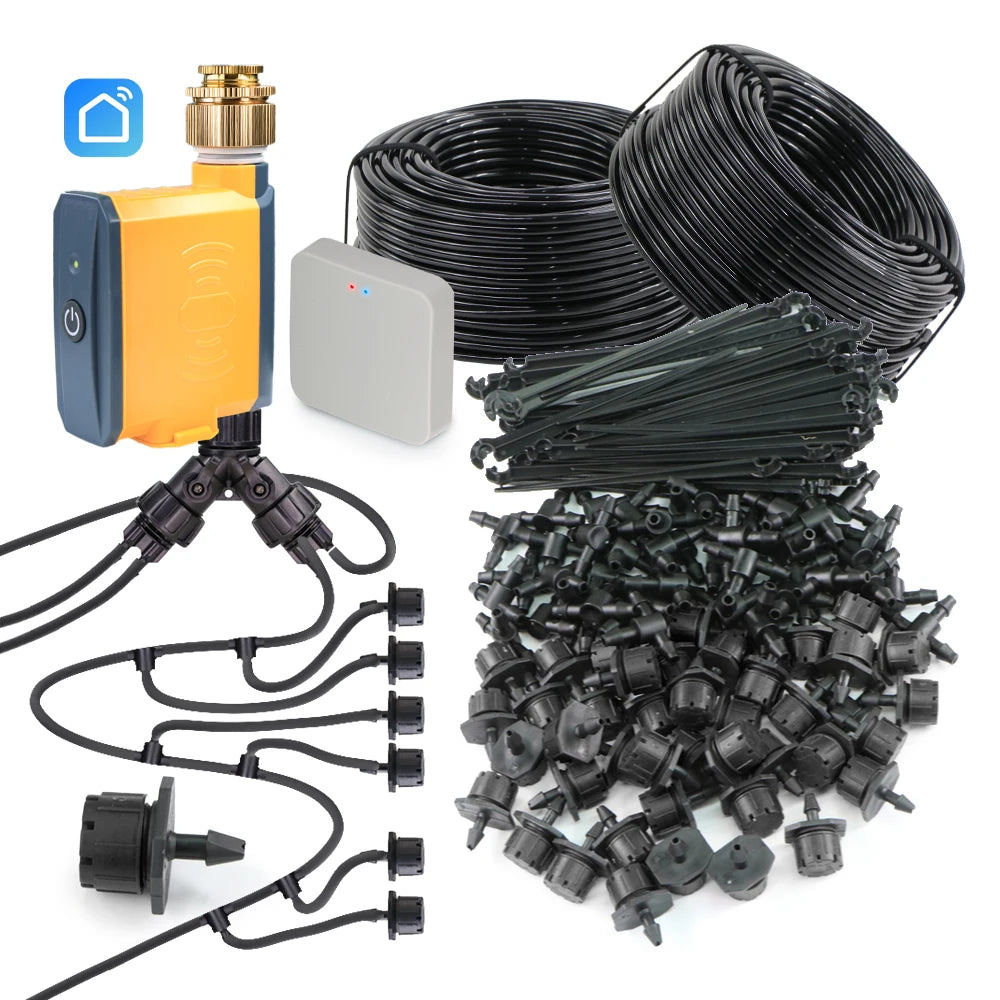 Adjustable drip irrigation kit with Zigbee timer, valve hub, tubing, and multiple drip heads