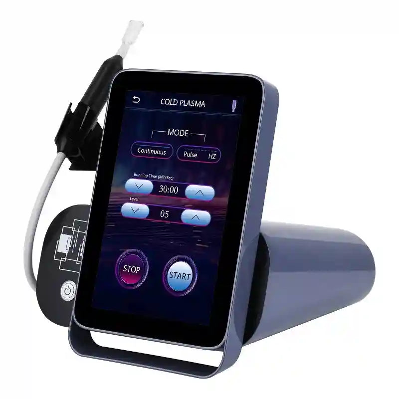 Blue cold plasma beauty machine with touchscreen interface, applicator pen, and adjustable anti-aging skin settings.