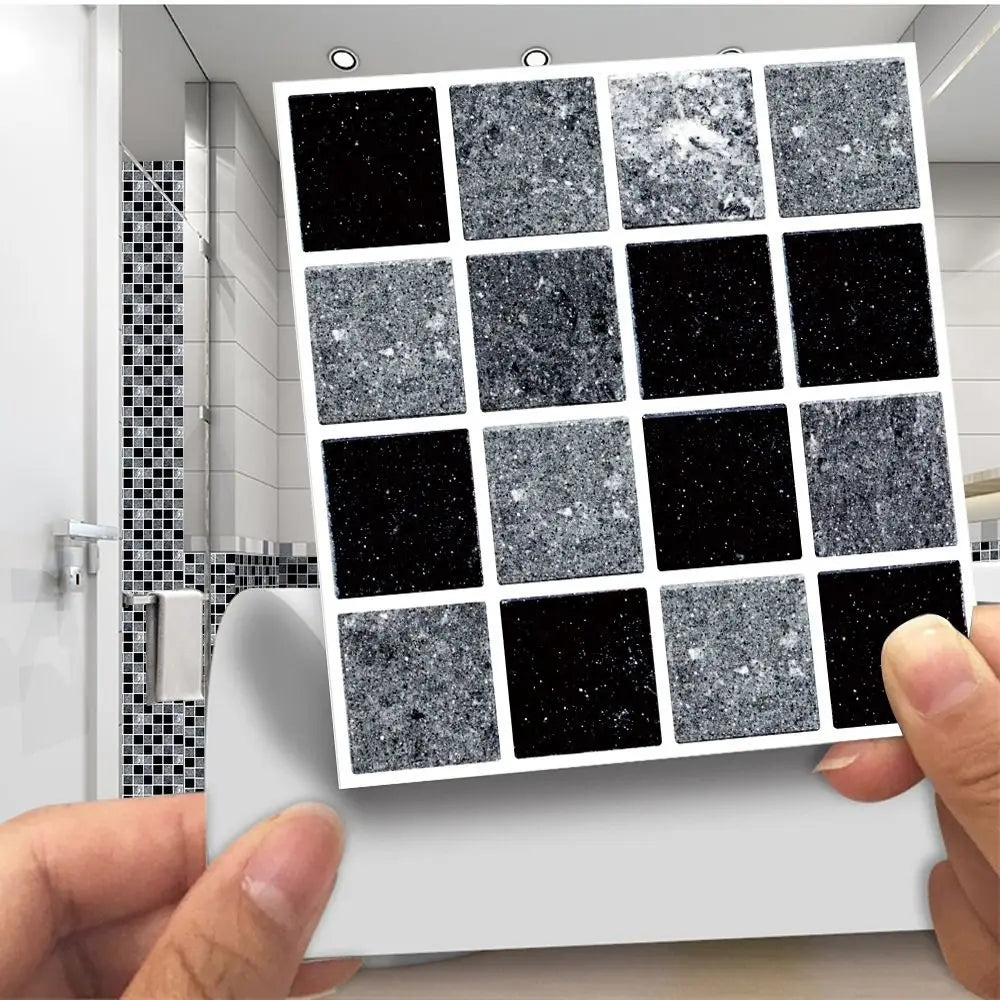 Self-adhesive 3D mosaic tile sticker sheet, black and silver glitter square tiles