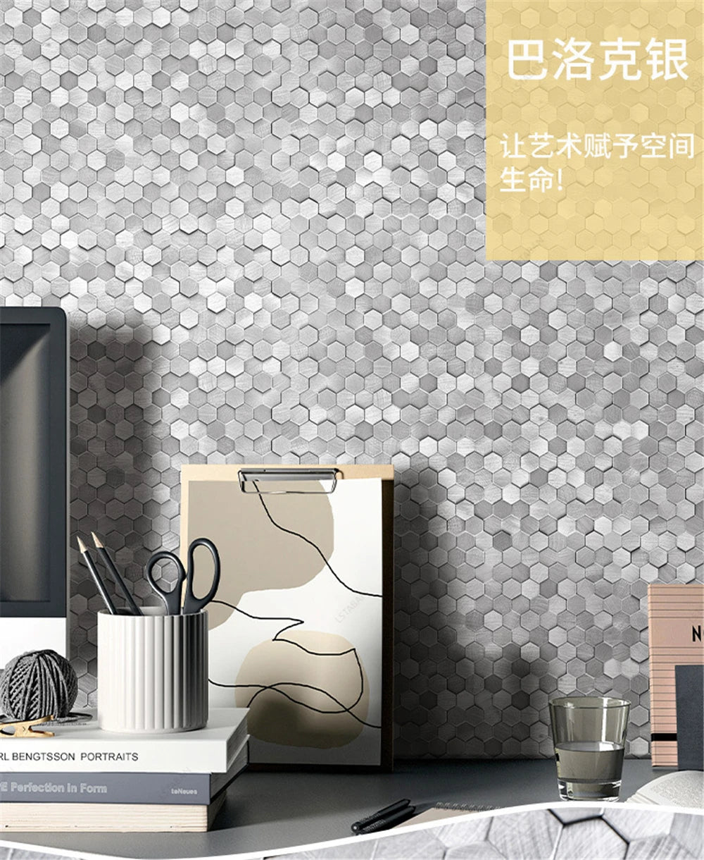 Luxury Metal Stainless Steel Wall Mosaic 3D Bathroom Mosaic Tile Aluminum Hexagon Mosaic Background Wall Sticker Self-adhesive