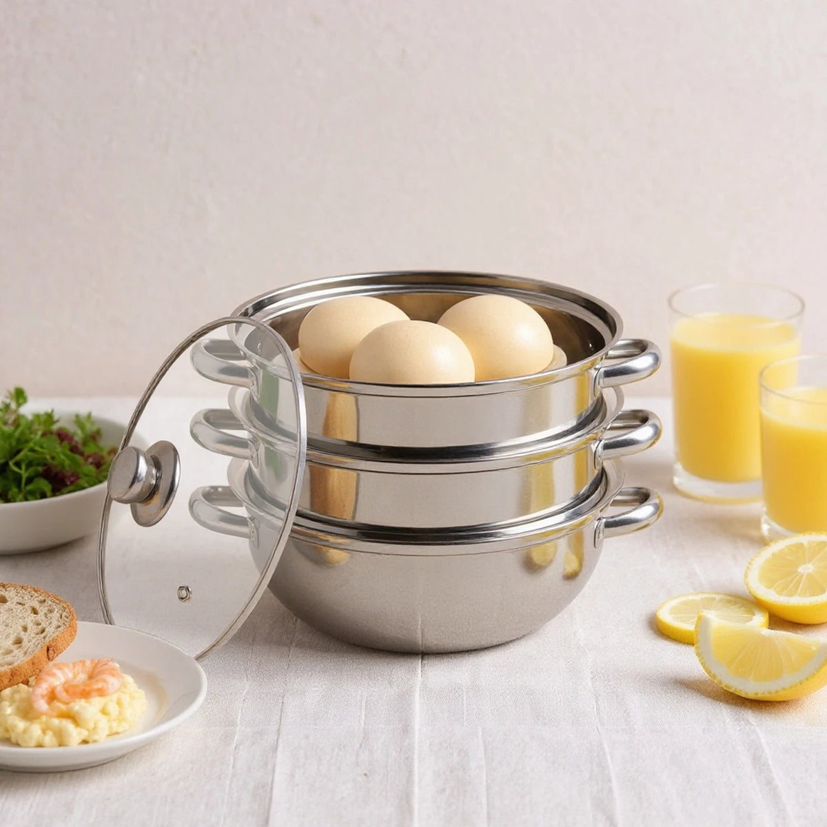 Stainless steel steamer pot with clear glass lid holding eggs, double side handles.