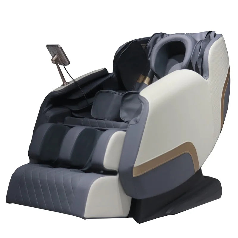 Gray and white shiatsu massage chair with headrest, reclined leg support, and side controls