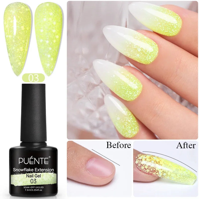 Yellow-green snowflake extension nail gel with glitter, shown as a white-to-neon yellow ombre manicure on almond nails.