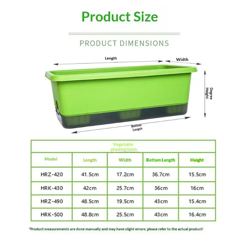 Green rectangular self-watering planter box with built-in drainage tray, plastic design.