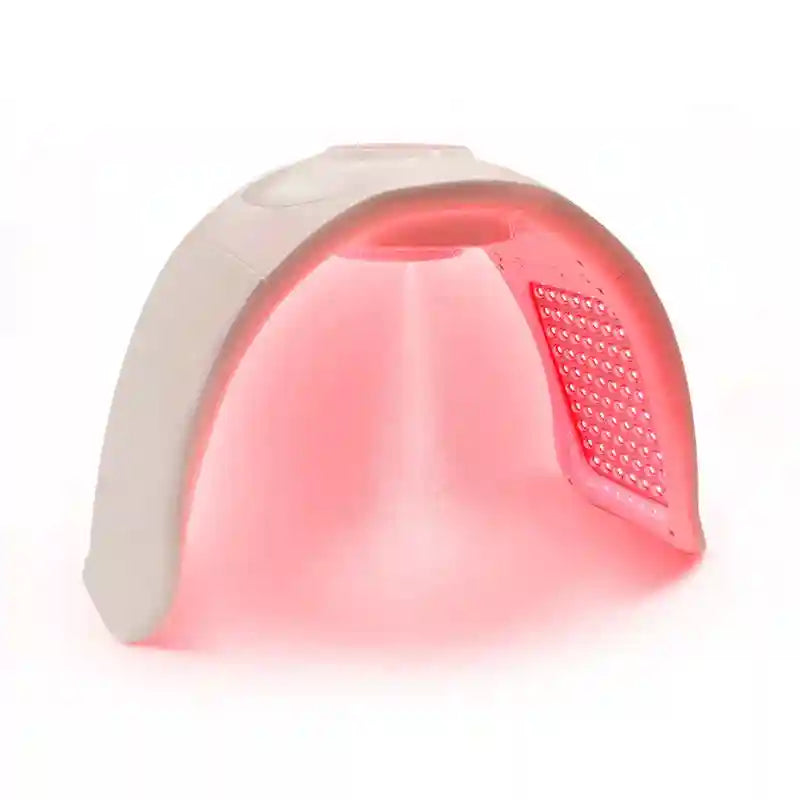 Arched white LED light therapy mask with internal red light panels for facial skin treatment.