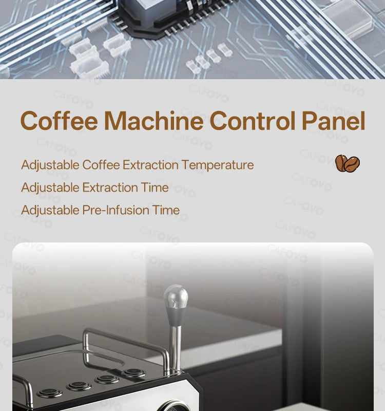 Cafovo coffee machine control panel with adjustable temperature, extraction time, and pre-infusion settings.