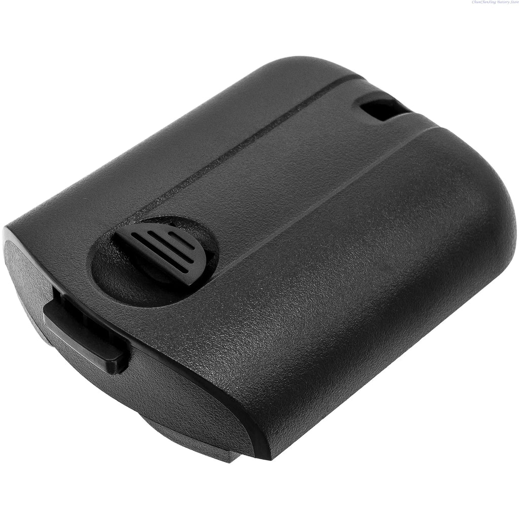 Black battery pack angled close-up with vent grille and release tab