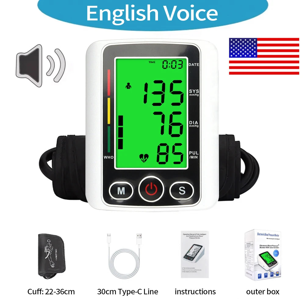 Automatic Tonometer Upper Arm Blood Pressure Monitor LCD Screen Sphygmomanometer Digital BP Monitor Medical Tensiometer Measure
