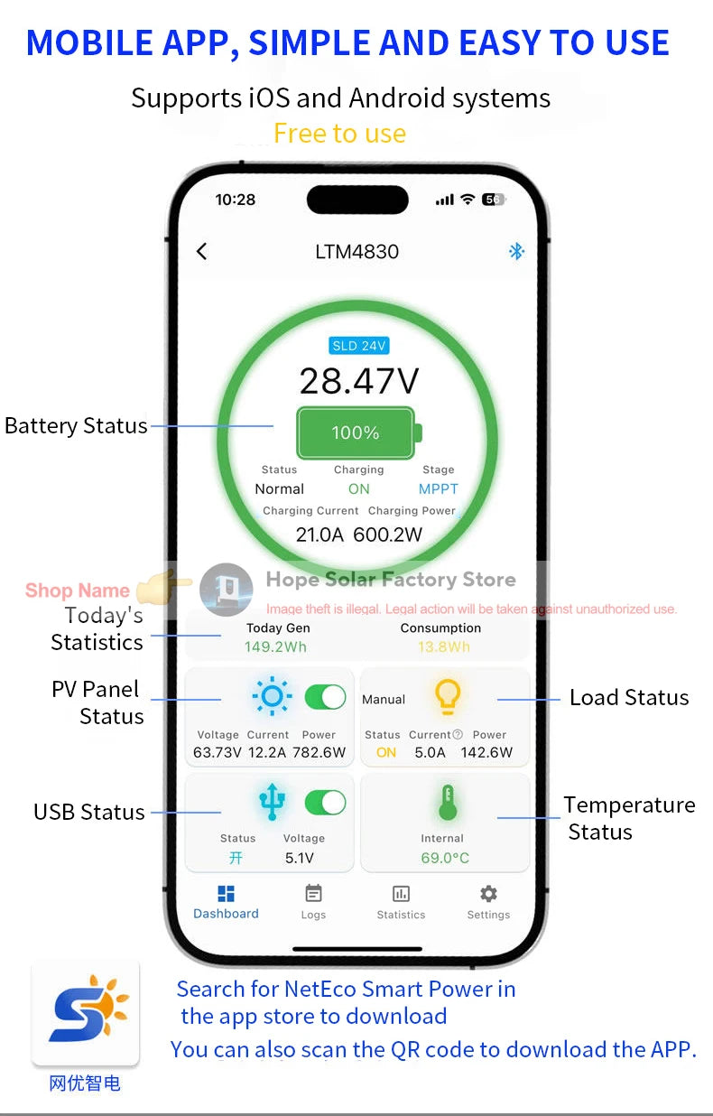 Smart MPPT Solar Charge Controller,30A 40A,12V 24V 36V 48V Auto,APP Remote (WiFi/Bluetooth) RS485,120V PV,LiFePO4 Lead Acid Gel