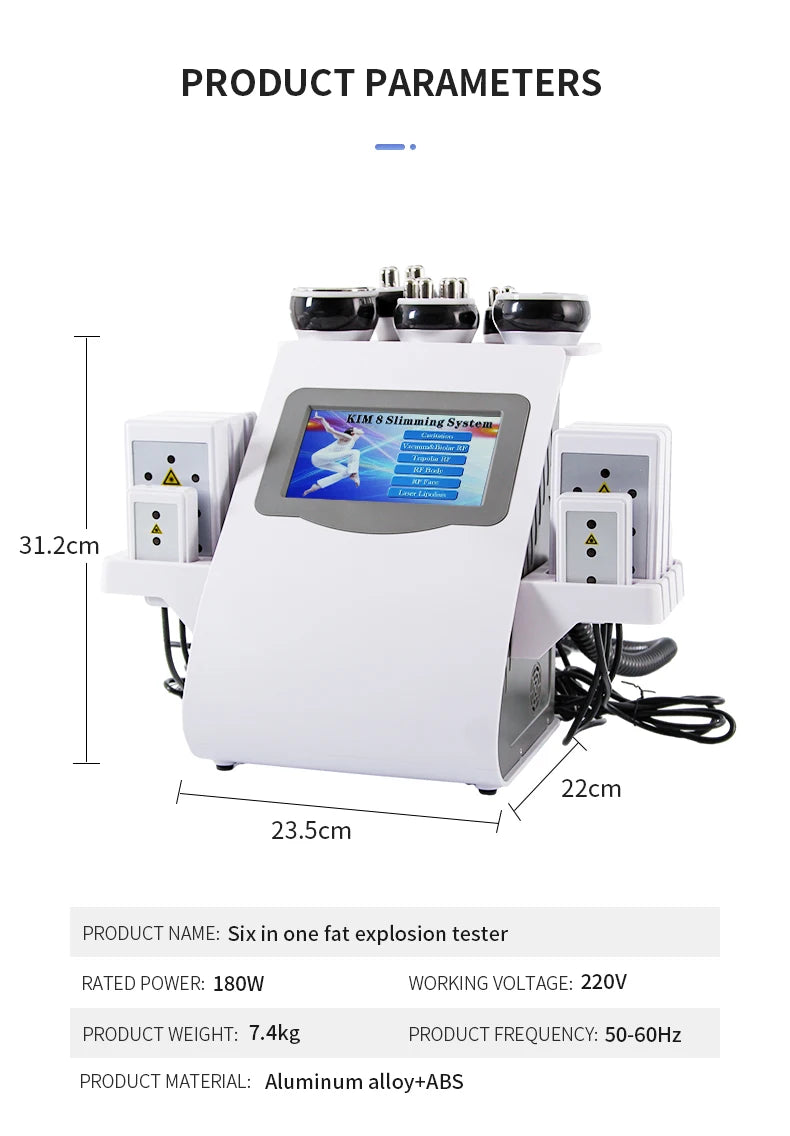 White 6-in-1 body slimming machine with touch screen, various applicator heads, and side laser pads on a stand.