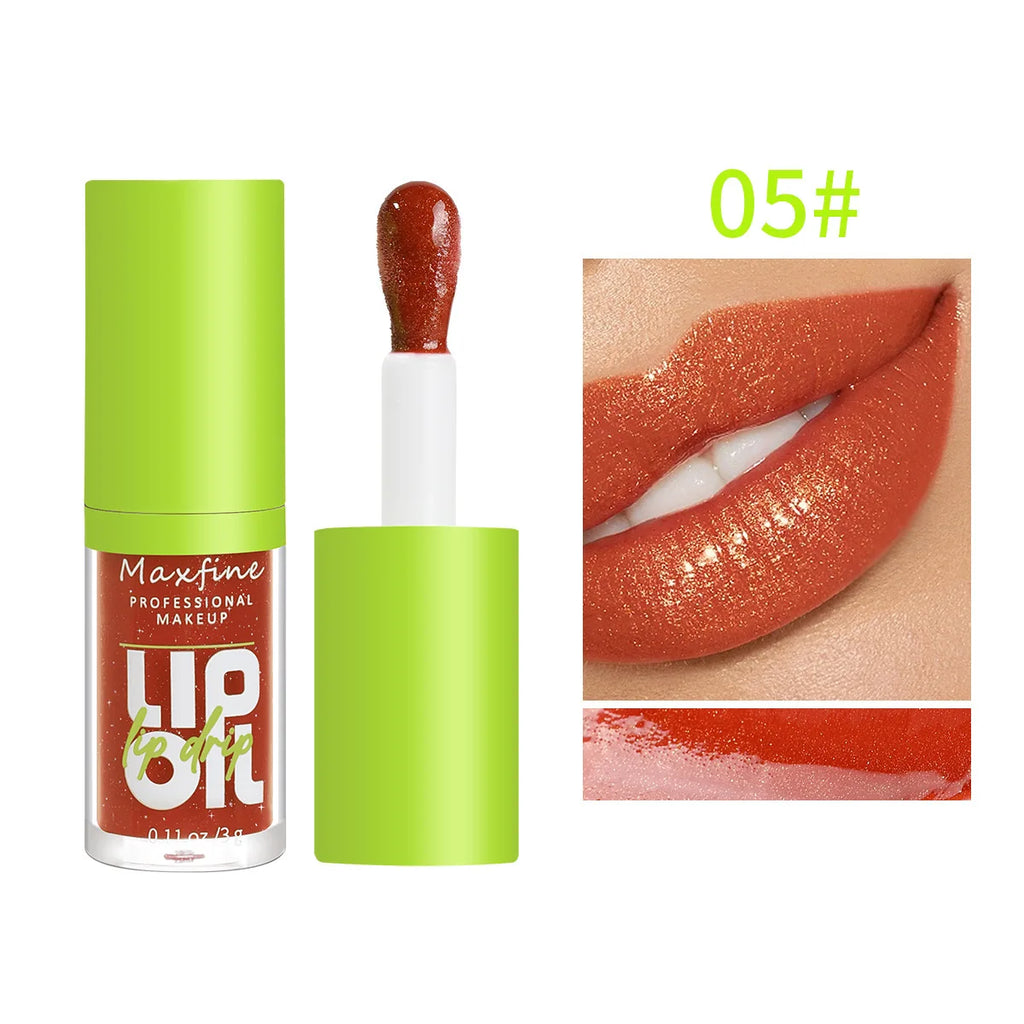 Maxfine waterproof lip gloss in shade 05, a hydrating, high-shine terracotta shimmer lip oil with an applicator.