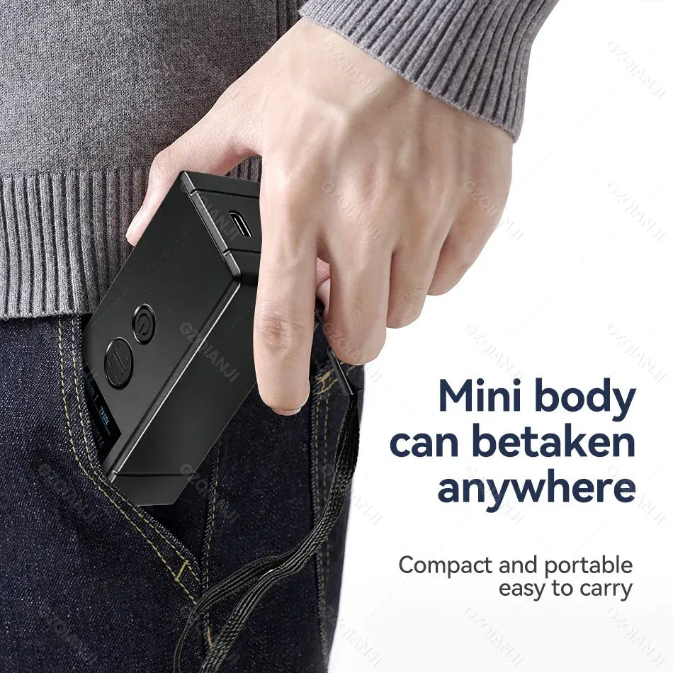 Compact black 2D barcode scanner carried in a jean pocket by hand